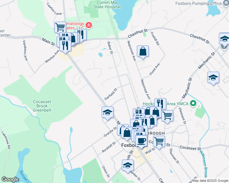 map of restaurants, bars, coffee shops, grocery stores, and more near 16 Garfield Street in Foxborough