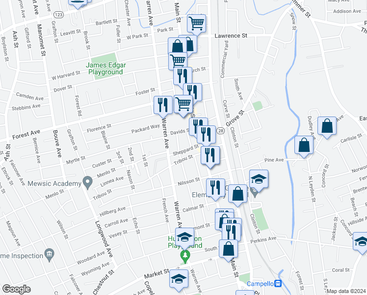 map of restaurants, bars, coffee shops, grocery stores, and more near 31 Sheppard Street in Brockton