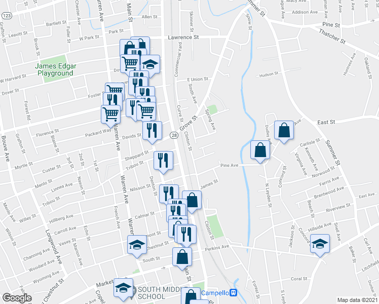 map of restaurants, bars, coffee shops, grocery stores, and more near 33 Grove Avenue in Brockton