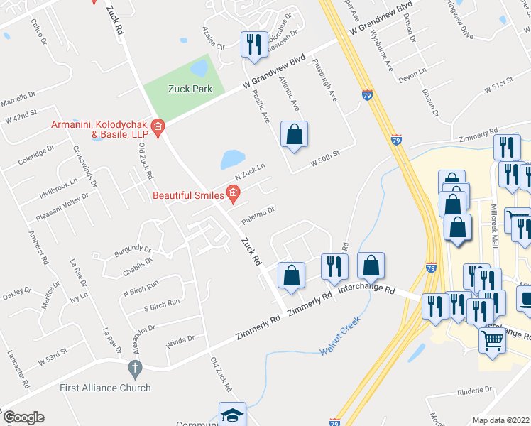 map of restaurants, bars, coffee shops, grocery stores, and more near 2420 Palermo Drive in Erie