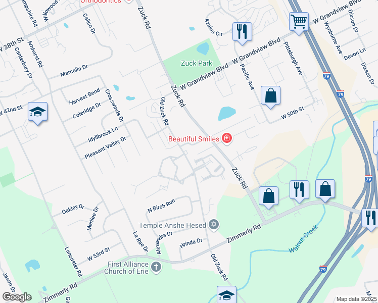 map of restaurants, bars, coffee shops, grocery stores, and more near 5005 Zuck Road in Erie