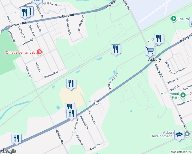map of restaurants, bars, coffee shops, grocery stores, and more near 5028 W Ridge Rd in Erie