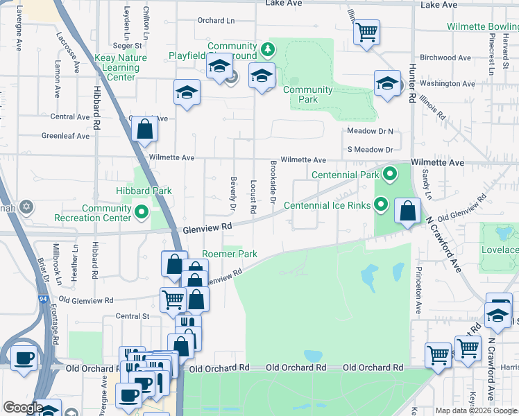 map of restaurants, bars, coffee shops, grocery stores, and more near 411 Locust Road in Wilmette