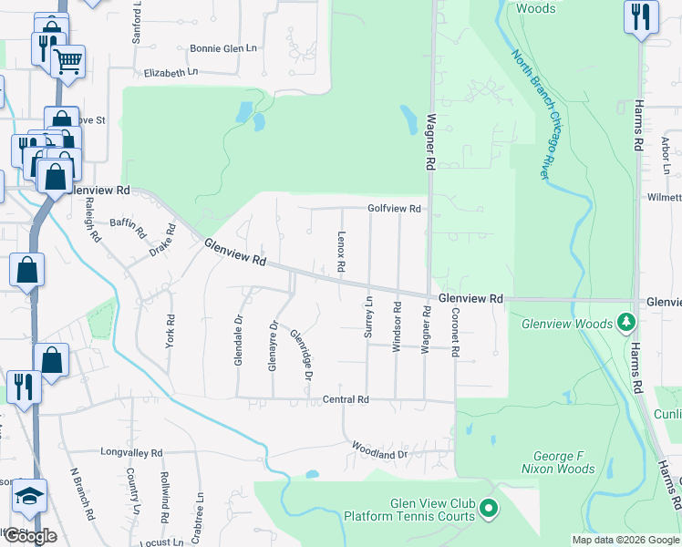 map of restaurants, bars, coffee shops, grocery stores, and more near 822 Lenox Road in Glenview