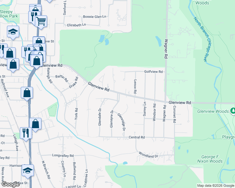 map of restaurants, bars, coffee shops, grocery stores, and more near in Glenview