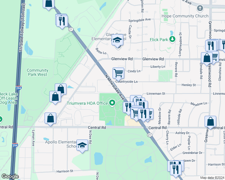 map of restaurants, bars, coffee shops, grocery stores, and more near in Glenview