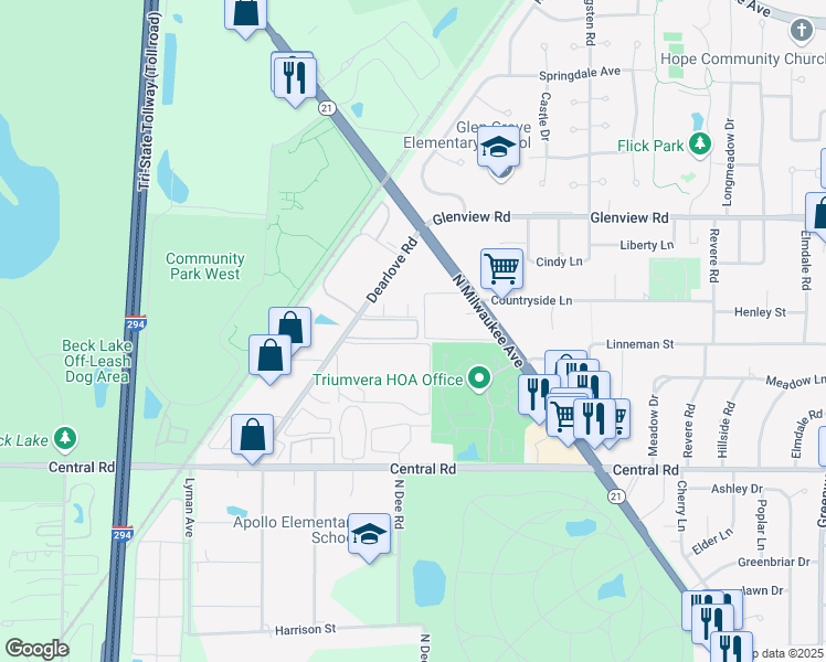 map of restaurants, bars, coffee shops, grocery stores, and more near 4175-4185 Dearlove Road in Glenview