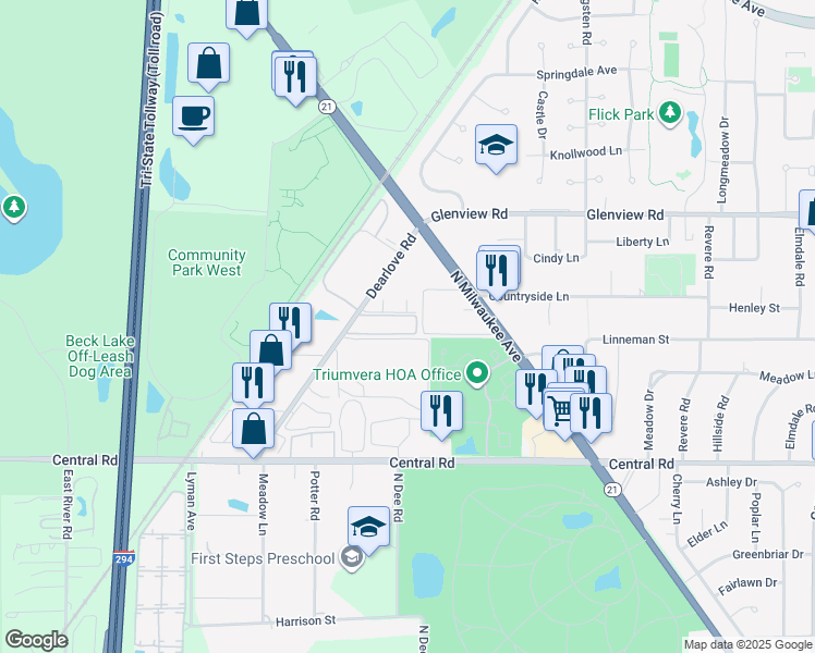 map of restaurants, bars, coffee shops, grocery stores, and more near 4175-4185 Dearlove Road in Glenview