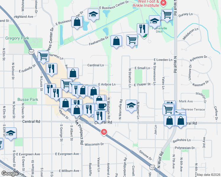 map of restaurants, bars, coffee shops, grocery stores, and more near 1306 East Ardyce Lane in Mount Prospect