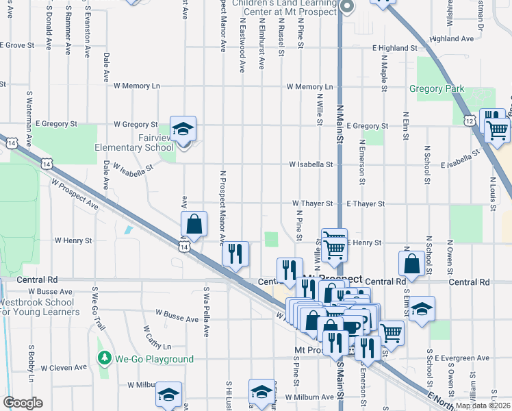 map of restaurants, bars, coffee shops, grocery stores, and more near 206 North Elmhurst Avenue in Mount Prospect