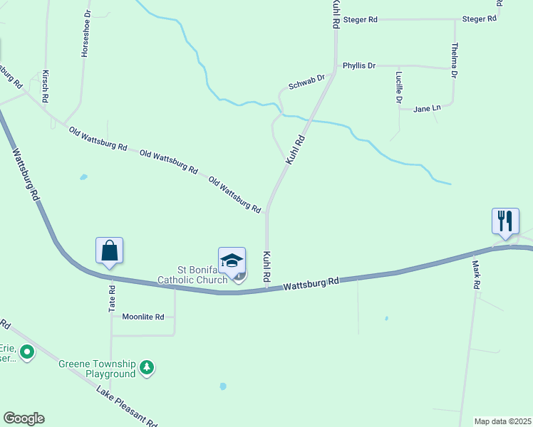 map of restaurants, bars, coffee shops, grocery stores, and more near 10770 Old Wattsburg Road in Erie