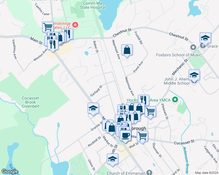 map of restaurants, bars, coffee shops, grocery stores, and more near 31 Baker Street in Foxborough