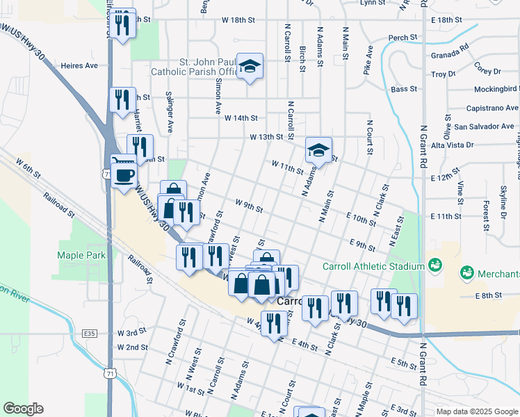 map of restaurants, bars, coffee shops, grocery stores, and more near 319 West 10th Street in Carroll