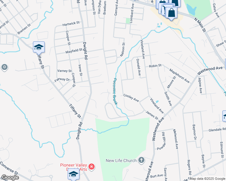 map of restaurants, bars, coffee shops, grocery stores, and more near 53 Avery Street in East Longmeadow