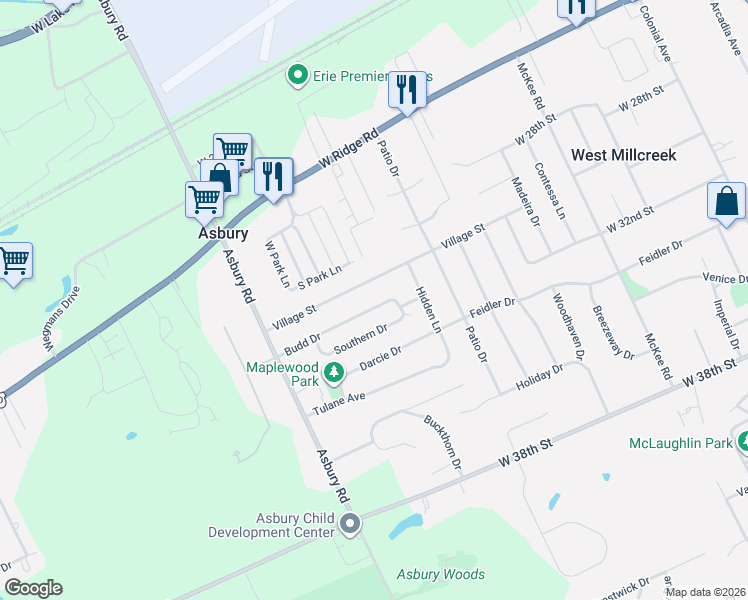 map of restaurants, bars, coffee shops, grocery stores, and more near 4531 Village Street in Erie