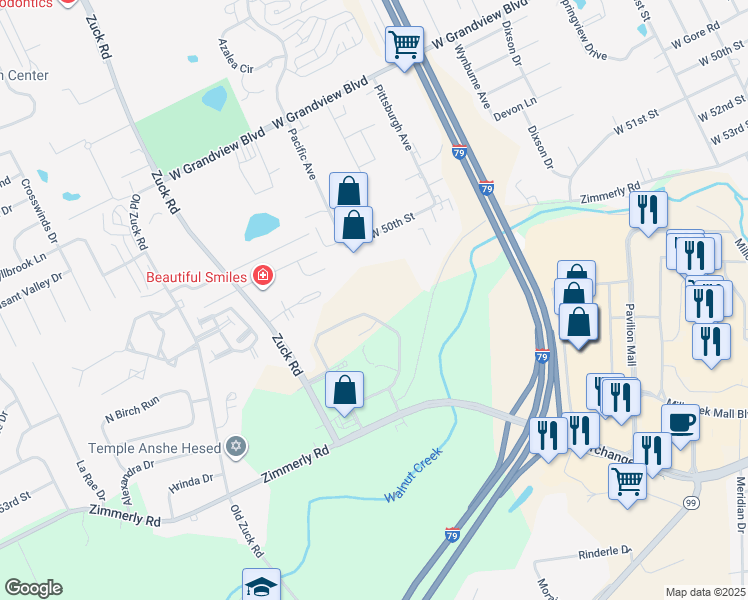 map of restaurants, bars, coffee shops, grocery stores, and more near 2380 Village Common Drive in Erie