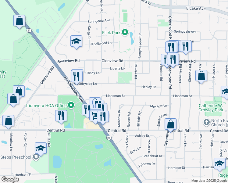 map of restaurants, bars, coffee shops, grocery stores, and more near 3613 Countryside Lane in Glenview