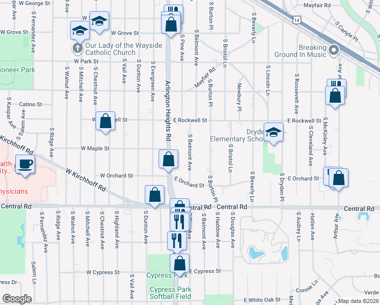 map of restaurants, bars, coffee shops, grocery stores, and more near 755 South Belmont Avenue in Arlington Heights