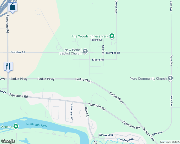 map of restaurants, bars, coffee shops, grocery stores, and more near 2598 Burkett Road in Benton Harbor