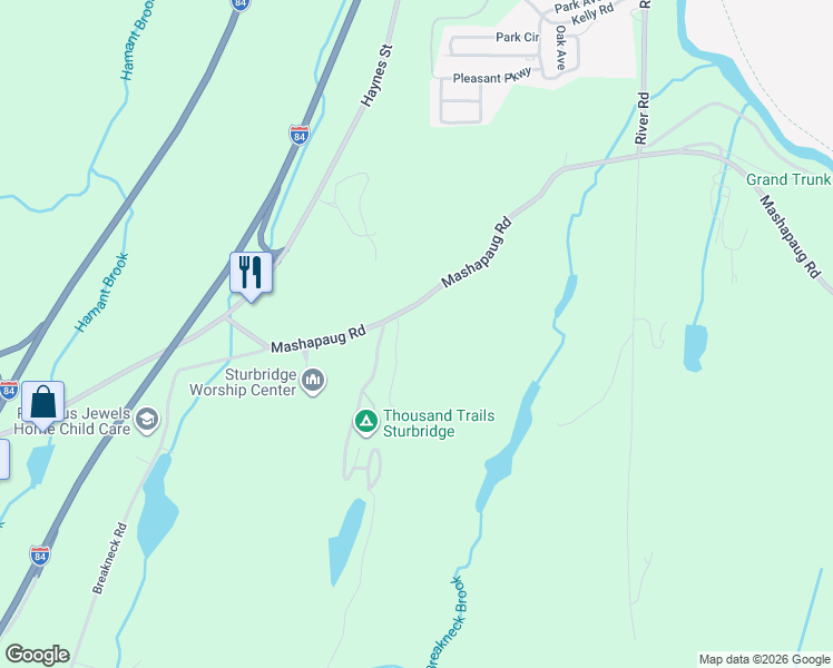 map of restaurants, bars, coffee shops, grocery stores, and more near 22 Mashapaug Road in Sturbridge