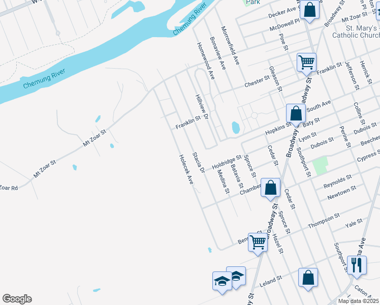 map of restaurants, bars, coffee shops, grocery stores, and more near 553 Stacia Dr in Elmira