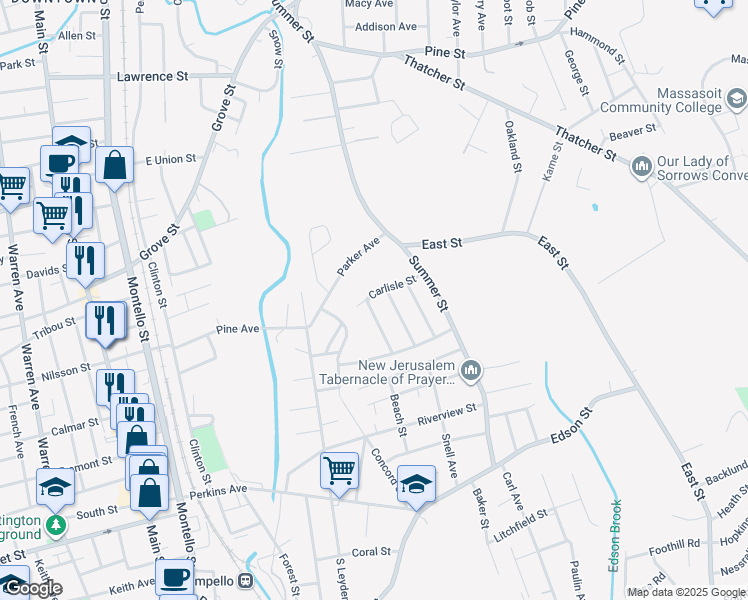 map of restaurants, bars, coffee shops, grocery stores, and more near 54 Carlisle Street in Brockton