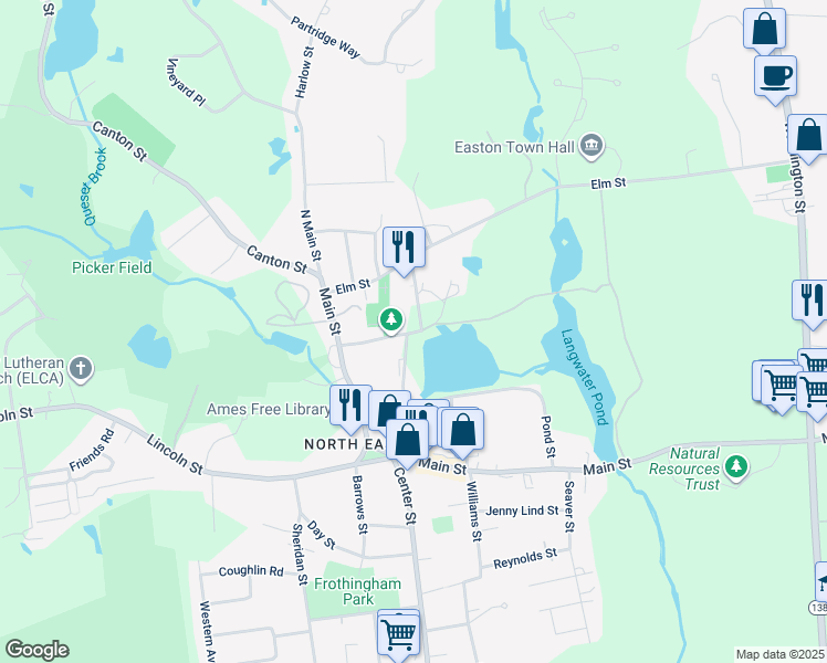 map of restaurants, bars, coffee shops, grocery stores, and more near 50 Oliver Street in Easton
