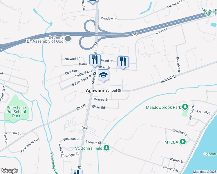 map of restaurants, bars, coffee shops, grocery stores, and more near 663 Main Street in Agawam