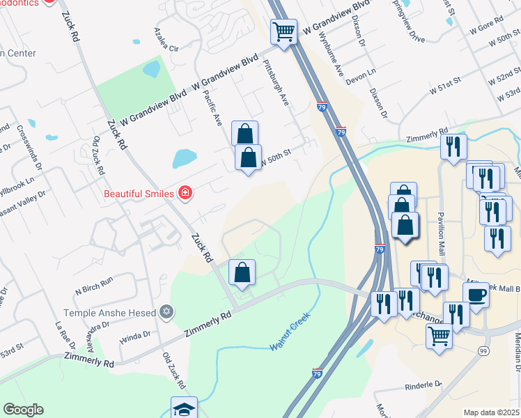 map of restaurants, bars, coffee shops, grocery stores, and more near 5000 Pacific Avenue in Erie