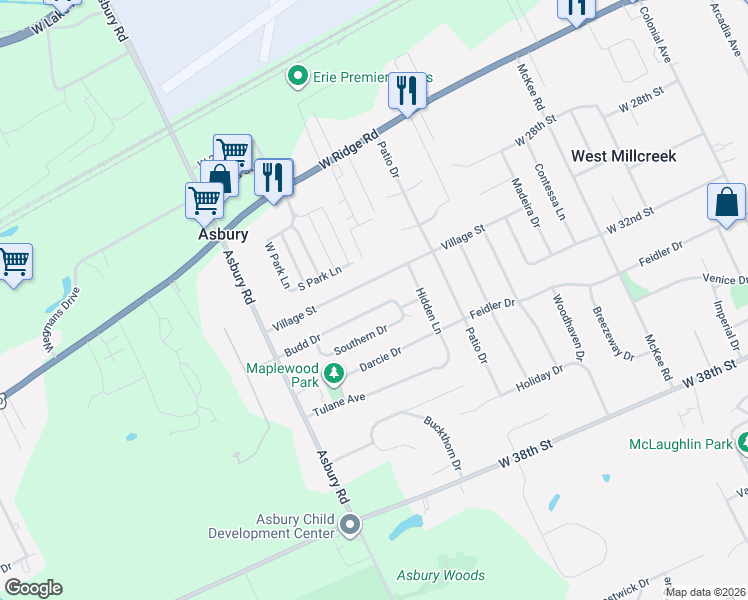 map of restaurants, bars, coffee shops, grocery stores, and more near 4531 Village Street in Erie