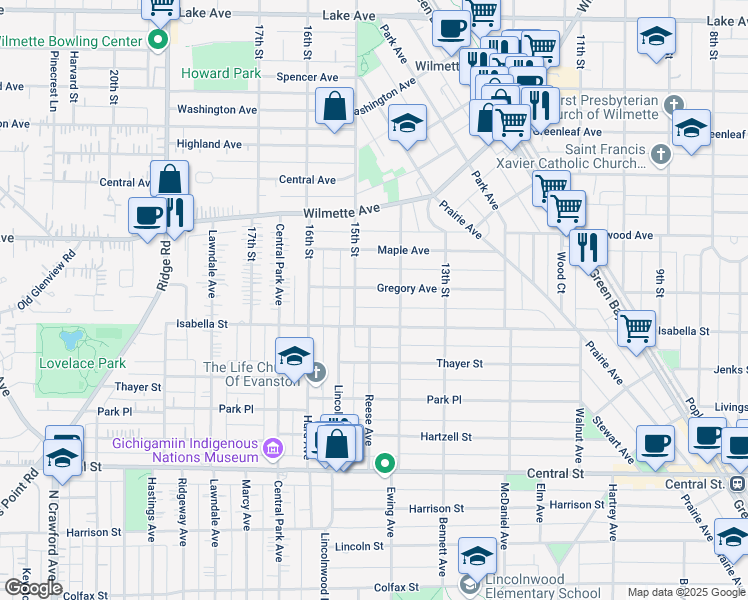 map of restaurants, bars, coffee shops, grocery stores, and more near 1428 Gregory Avenue in Wilmette