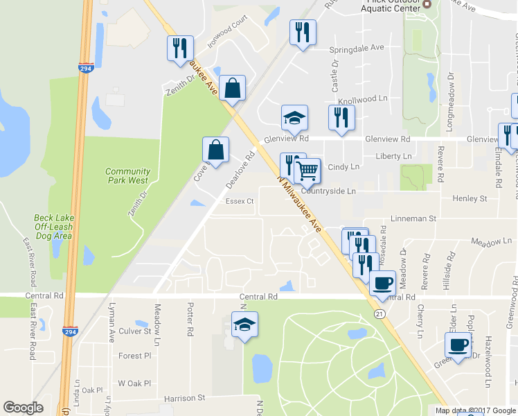 map of restaurants, bars, coffee shops, grocery stores, and more near 10410 Michael Todd Terrace in Glenview