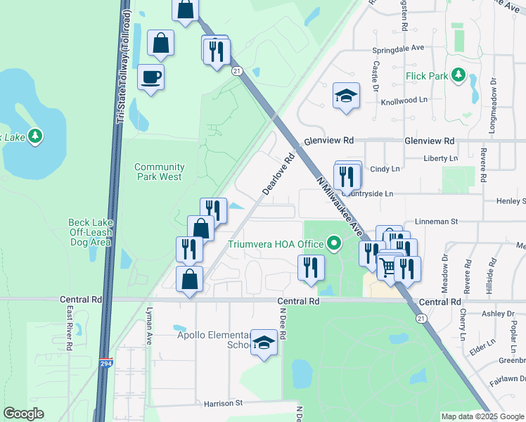 map of restaurants, bars, coffee shops, grocery stores, and more near 4176 Dearlove Road in Glenview
