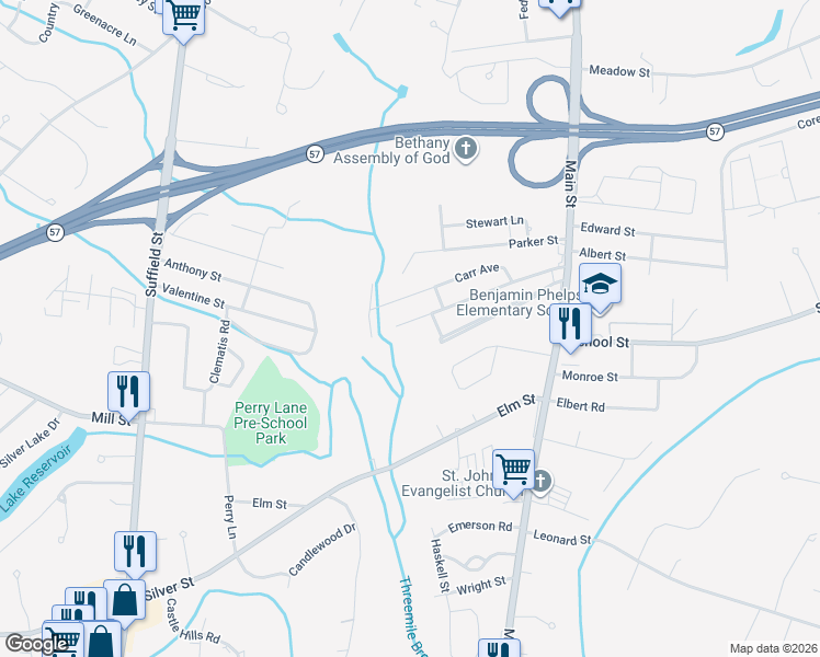 map of restaurants, bars, coffee shops, grocery stores, and more near 99 Carr Avenue in Agawam