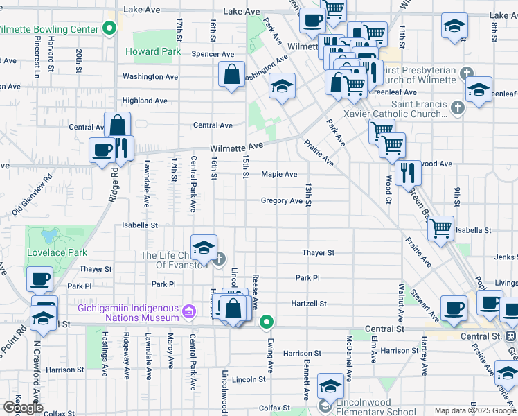 map of restaurants, bars, coffee shops, grocery stores, and more near 1428 Gregory Avenue in Wilmette