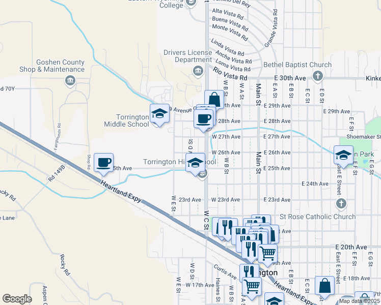 map of restaurants, bars, coffee shops, grocery stores, and more near 2601 West D Street in Torrington