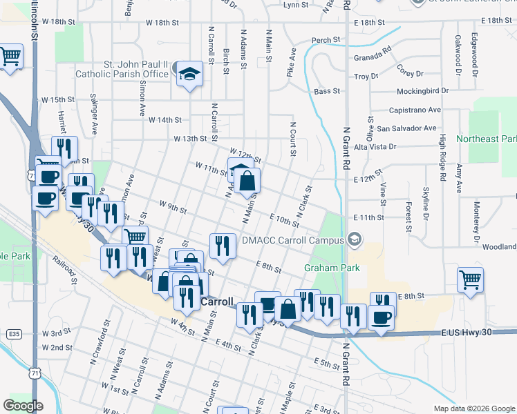 map of restaurants, bars, coffee shops, grocery stores, and more near 1020 N Main St in Carroll