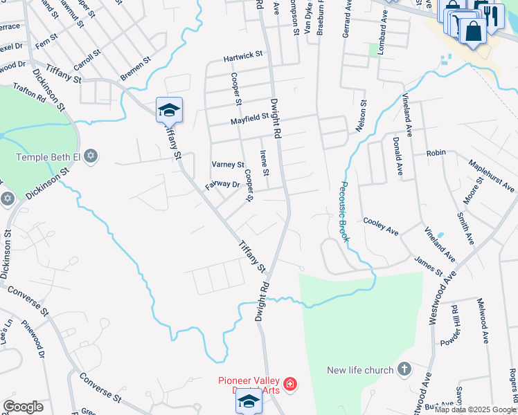 map of restaurants, bars, coffee shops, grocery stores, and more near 231 Cooper Street in Springfield