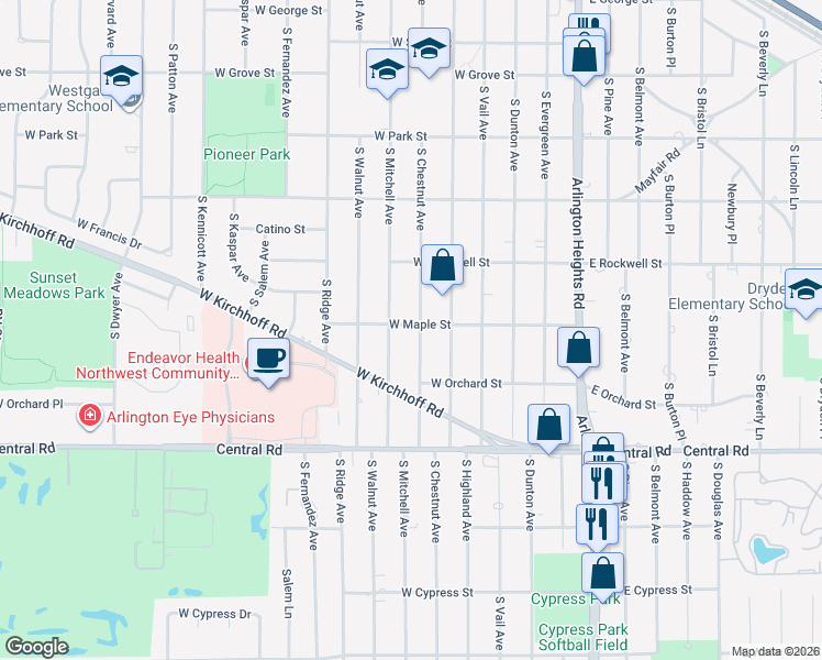 map of restaurants, bars, coffee shops, grocery stores, and more near 742 South Chestnut Avenue in Arlington Heights