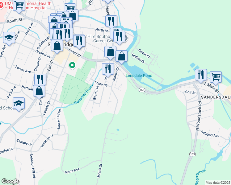 map of restaurants, bars, coffee shops, grocery stores, and more near 117 Cisco Street in Southbridge
