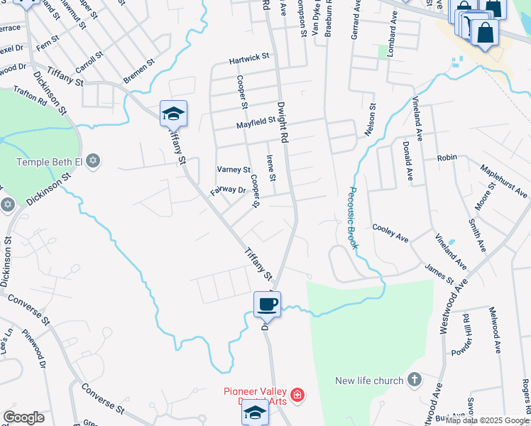 map of restaurants, bars, coffee shops, grocery stores, and more near 231 Cooper Street in Springfield
