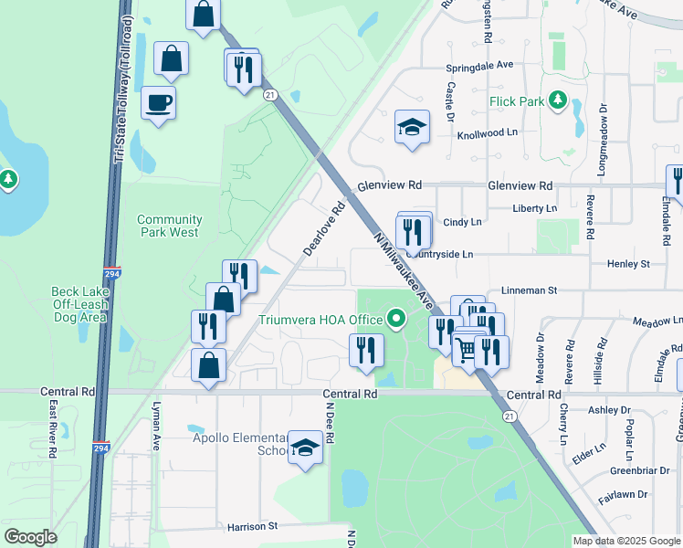 map of restaurants, bars, coffee shops, grocery stores, and more near 4175-4185 Dearlove Road in Glenview