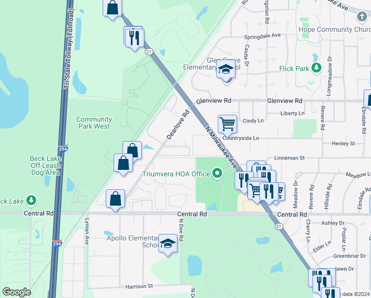 map of restaurants, bars, coffee shops, grocery stores, and more near 4175-4185 Dearlove Road in Glenview