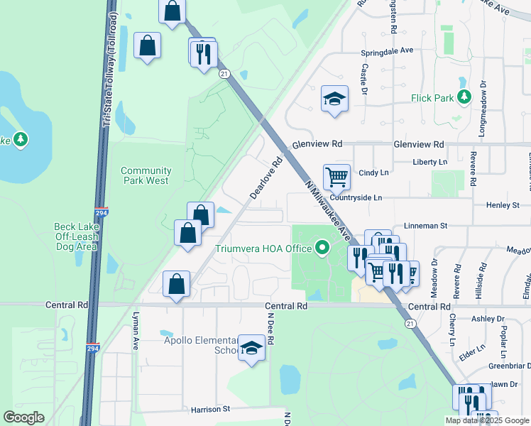 map of restaurants, bars, coffee shops, grocery stores, and more near 4175-4185 Dearlove Road in Glenview
