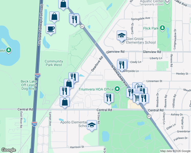 map of restaurants, bars, coffee shops, grocery stores, and more near 4175-4185 Dearlove Road in Glenview