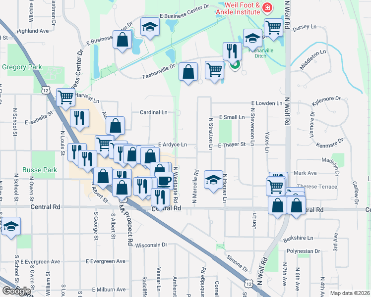 map of restaurants, bars, coffee shops, grocery stores, and more near 1306 East Ardyce Lane in Mount Prospect