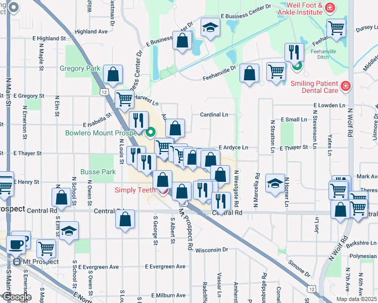 map of restaurants, bars, coffee shops, grocery stores, and more near 904 East Ardyce Lane in Mount Prospect
