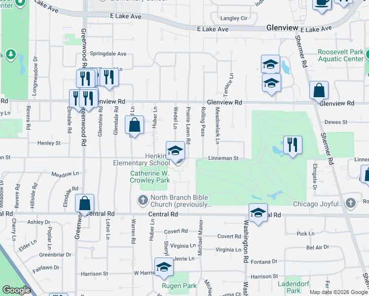 map of restaurants, bars, coffee shops, grocery stores, and more near 834 Prairie Lawn Road in Glenview
