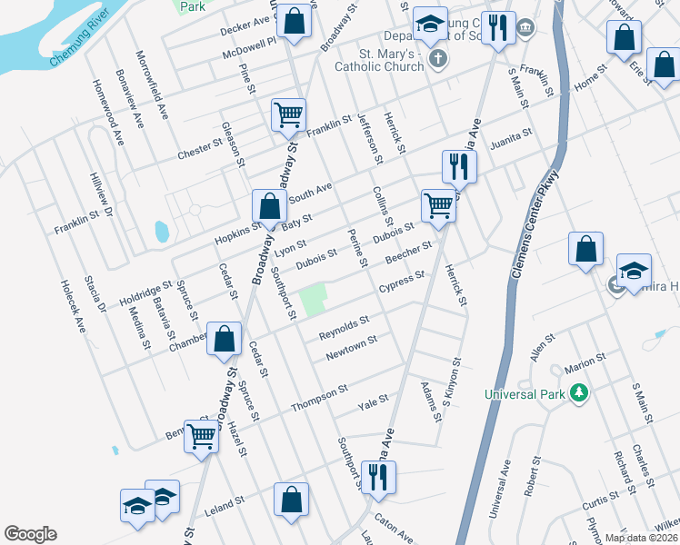 map of restaurants, bars, coffee shops, grocery stores, and more near 713 Dubois Street in Elmira