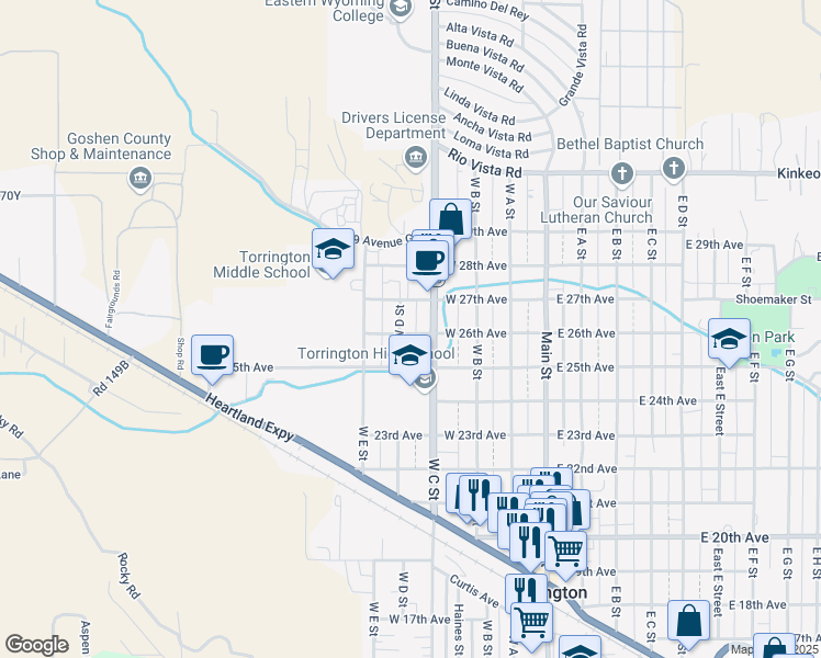map of restaurants, bars, coffee shops, grocery stores, and more near 2601-2699 W D St in Torrington